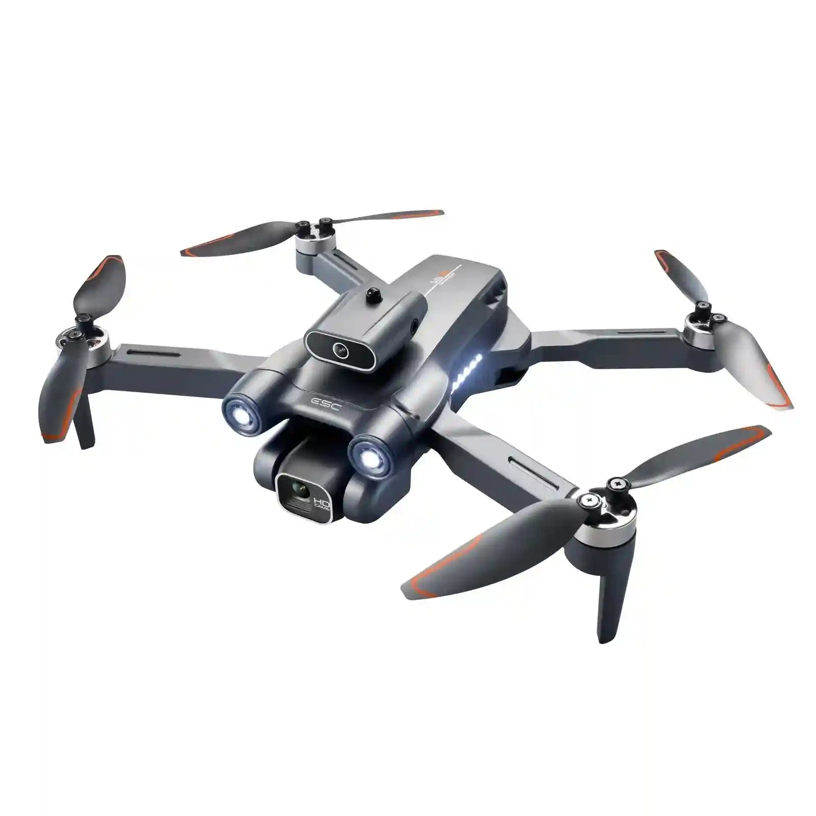 Gray camera drone with four propellers, LED front lights, and an HD gimbal camera for aerial photography and flight.