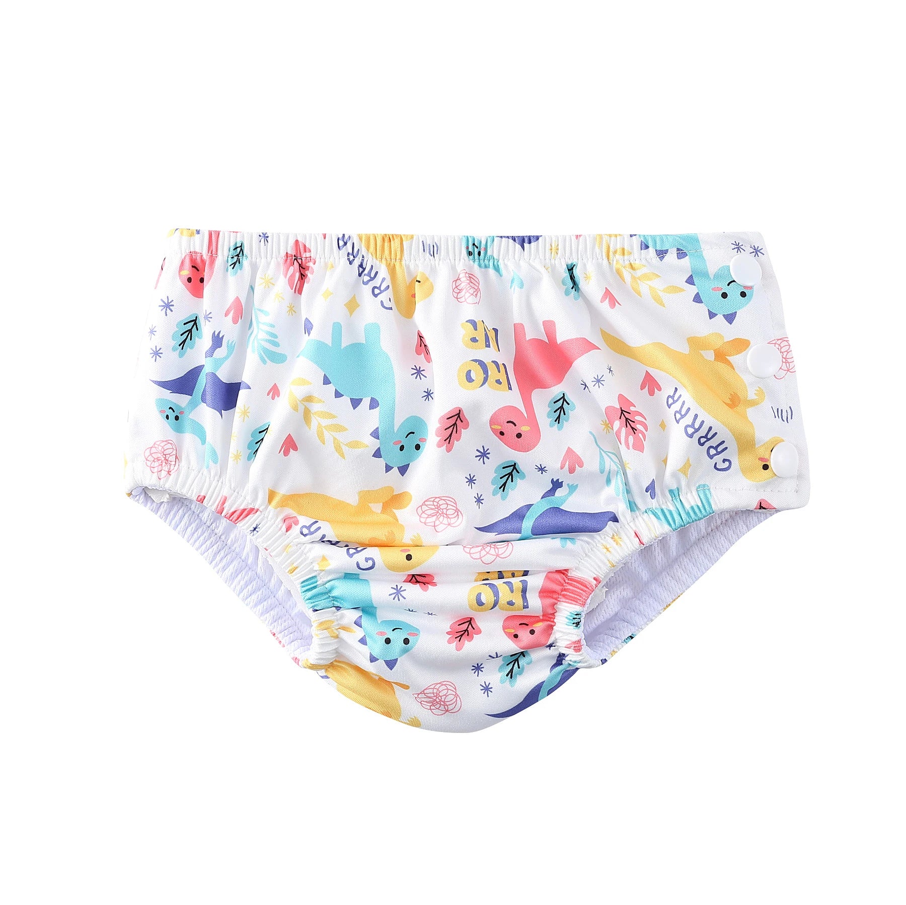 Reusable baby swim diaper with colorful dinosaur print and side snap closures for easy changes.
