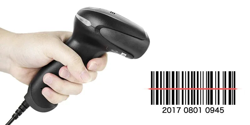 Handheld barcode scanner in use, black body scanning a barcode strip