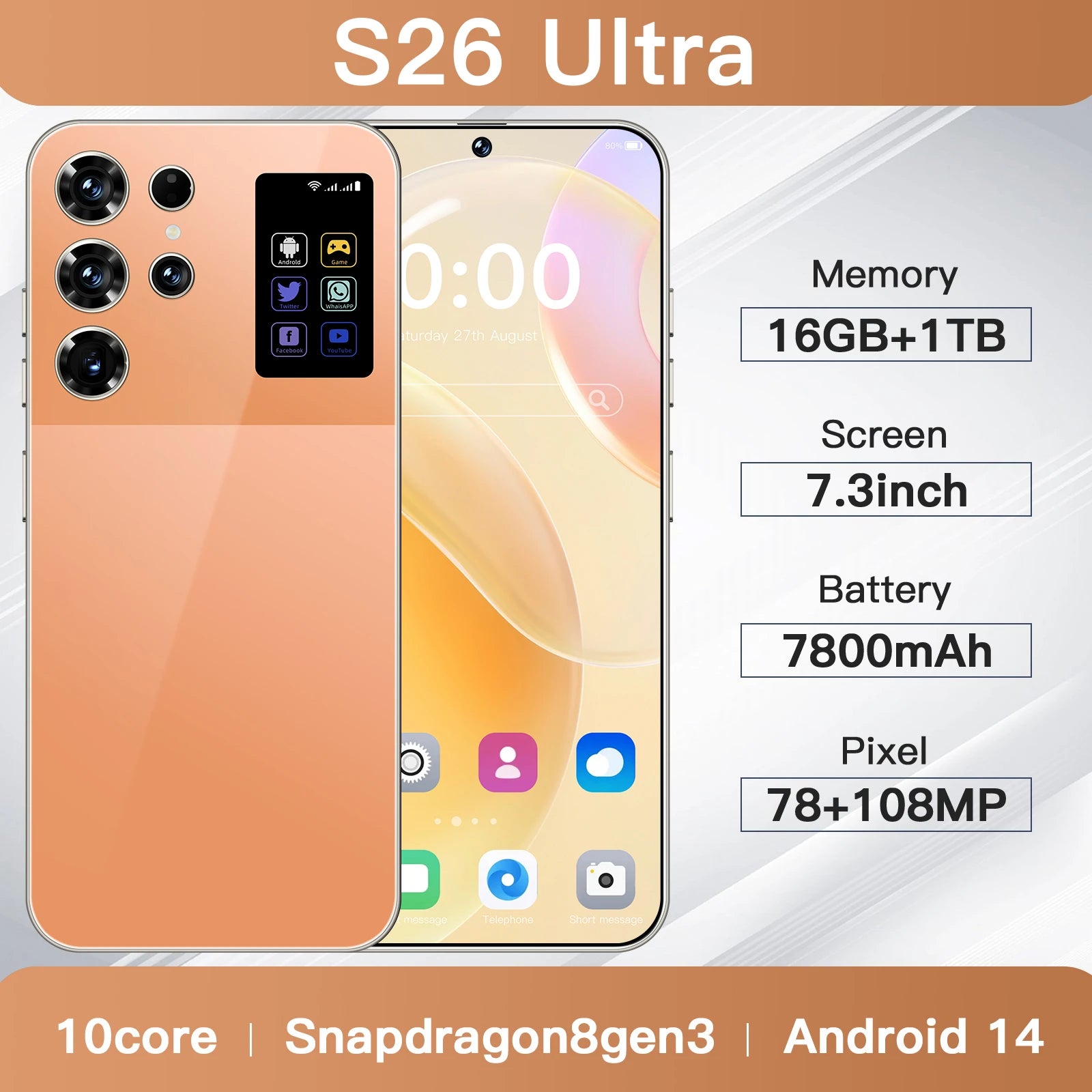Original S26 Ultra 5G smartphone with 7.3 inch display, 16GB RAM, 1TB storage, and 108MP camera in dual SIM view
