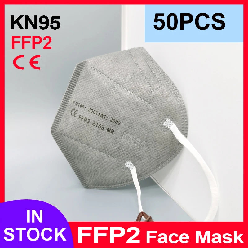 Grey 5-layer FFP2 KN95 face mask with ear loops, CE certified, protective filtering design for adults.