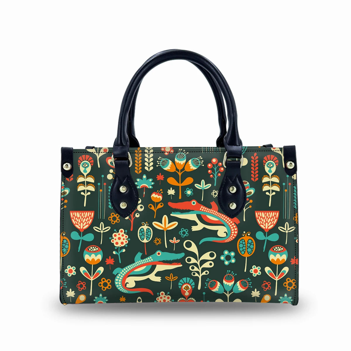 Genuine leather trunk handbag featuring a dark green, retro floral and crocodile print with black handles and hardware.