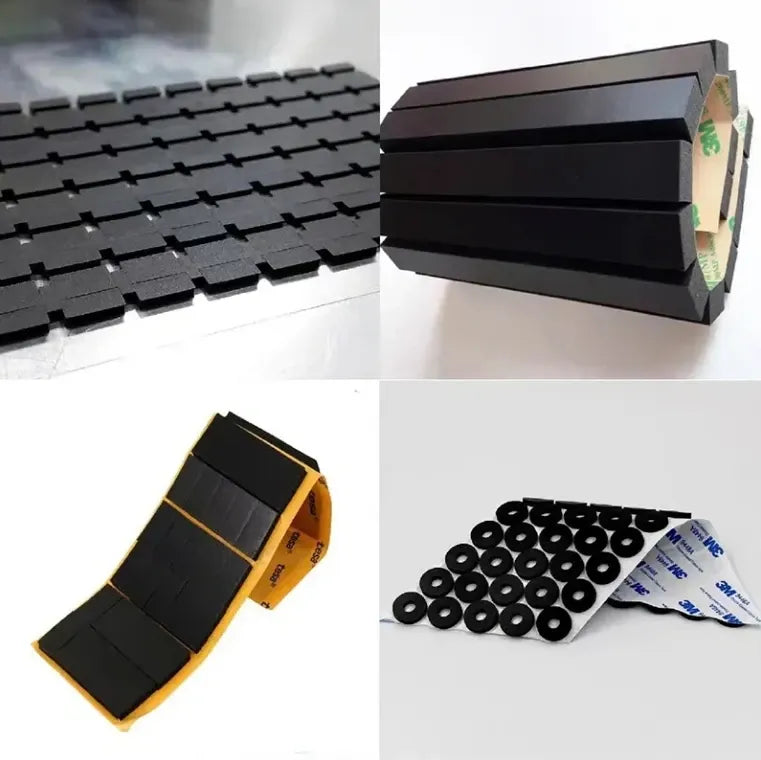 Black urethane foam tape roll and stacked adhesive pads, plus bundled fasteners