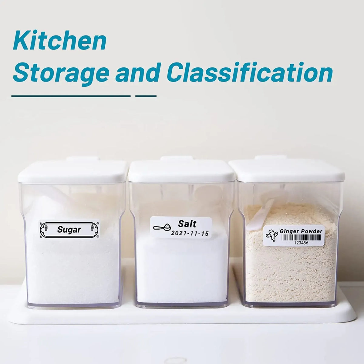 White thermal label stickers applied to pantry storage jars