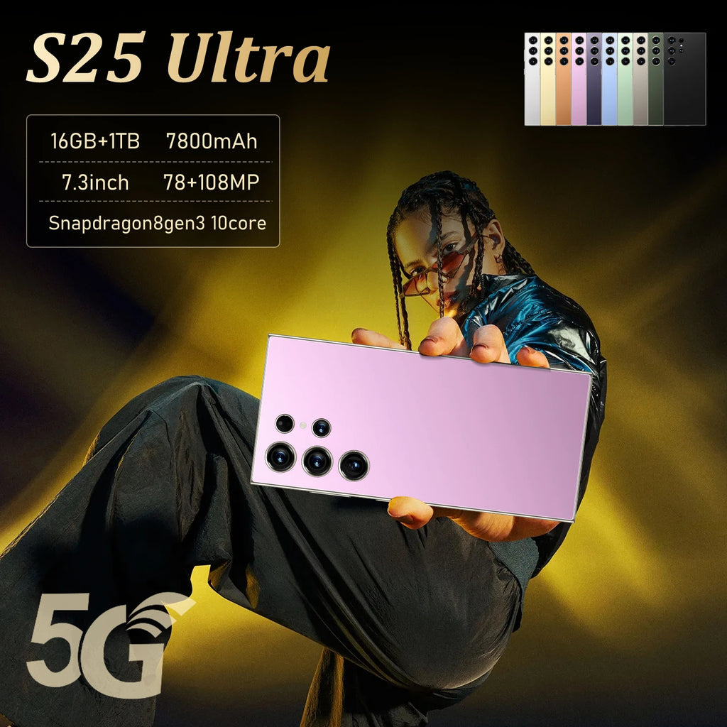 Tidesmit S25 Ultra 7.3-inch 5G smartphone side view showcasing sleek design and 108MP HD camera module.