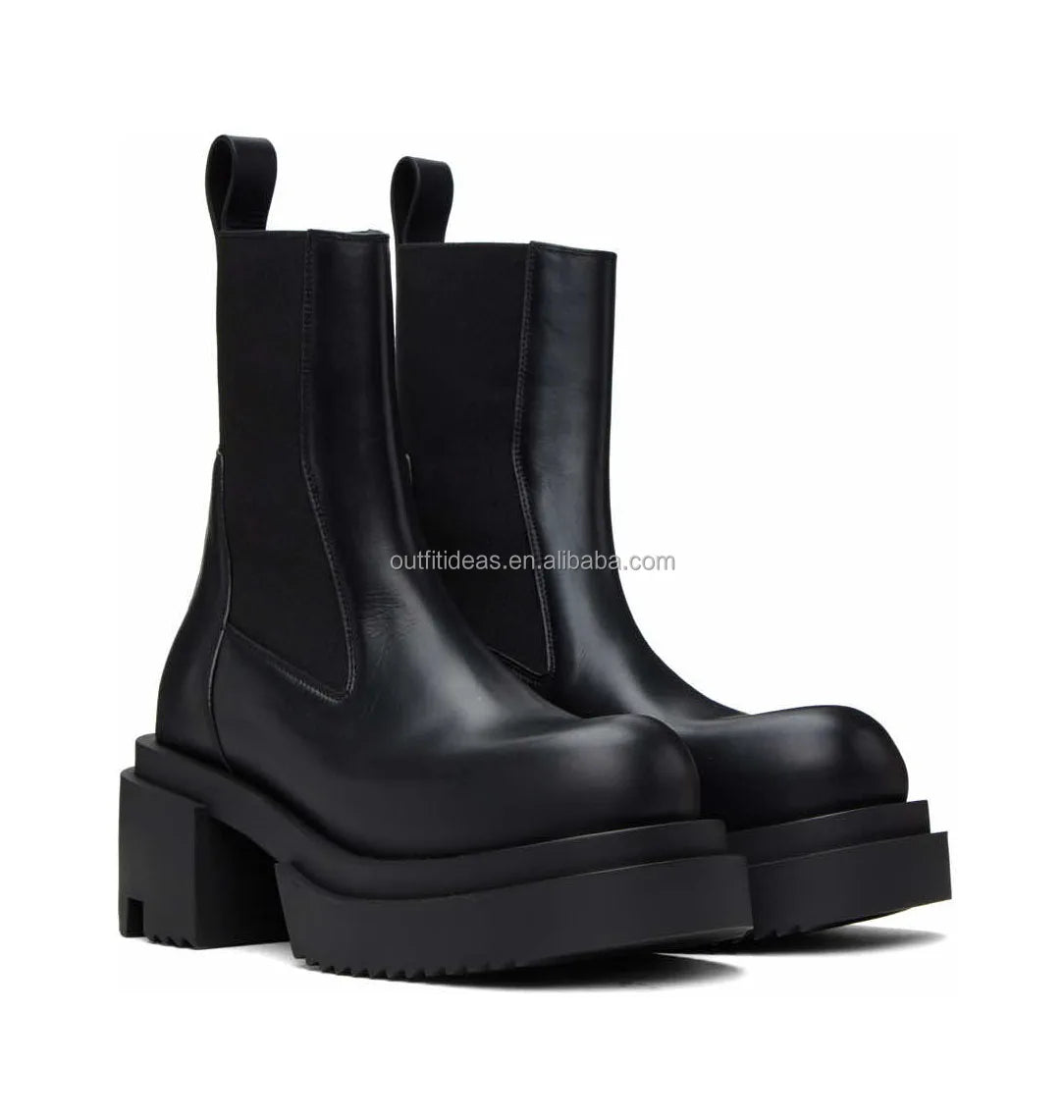 Calfskin Boots in Black Original Unisex Women Platform Block Heel Dress Leather Shoes Men Chelsea Boots Beatle Bogun Ankle Boots