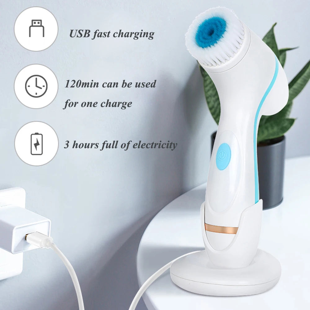 White sonic facial cleansing spin brush on charging stand, USB rechargeable, deep skin cleaning for blackhead removal.