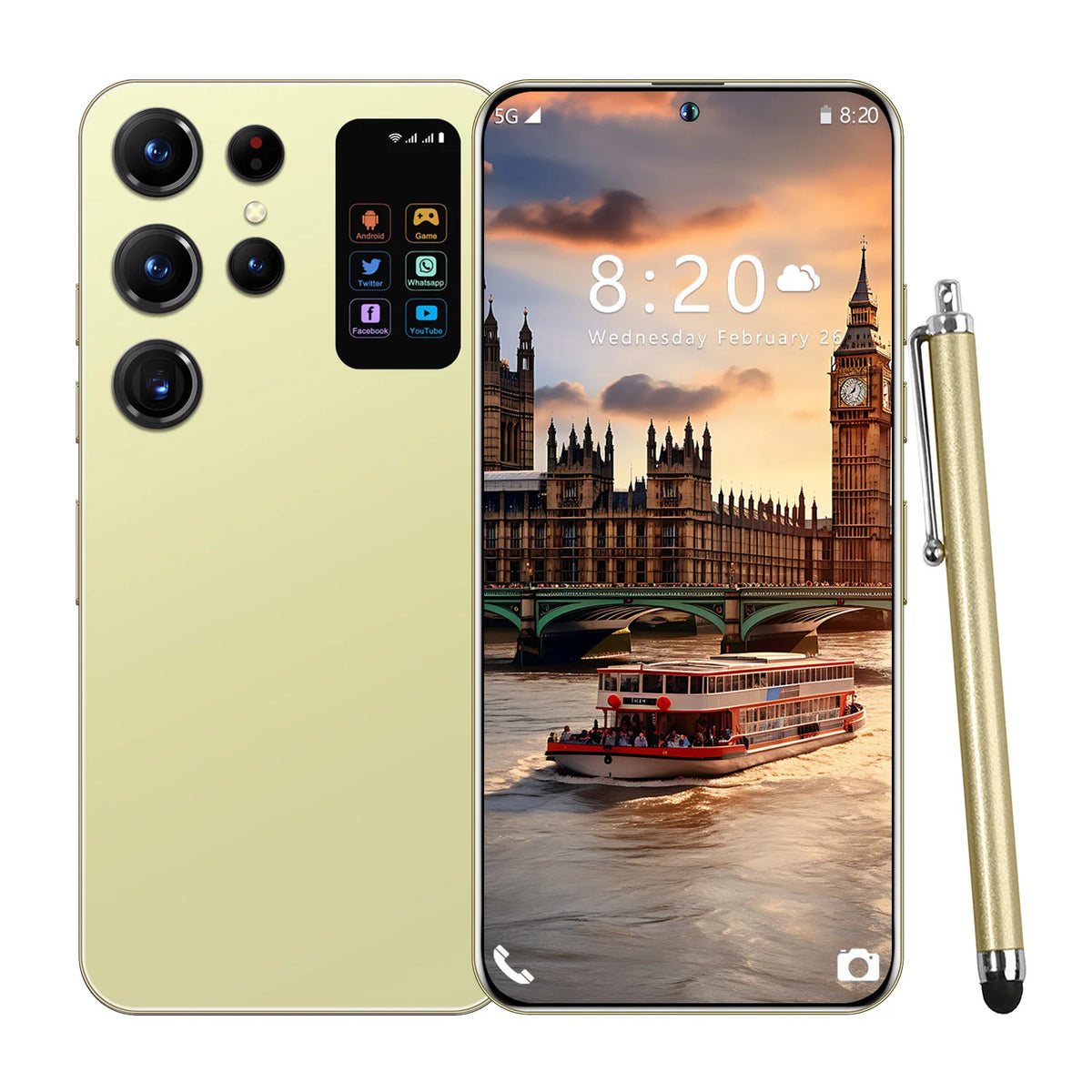 Gold 7.3-inch 5G smartphone with quad cameras, front display, and stylus pen