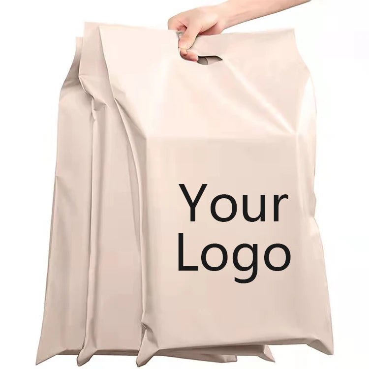 Custom Logo High Quality Express Minimalism Envelope Handle Mailing Bags with Handle Poly Square Polybag Beige Courier Packaging