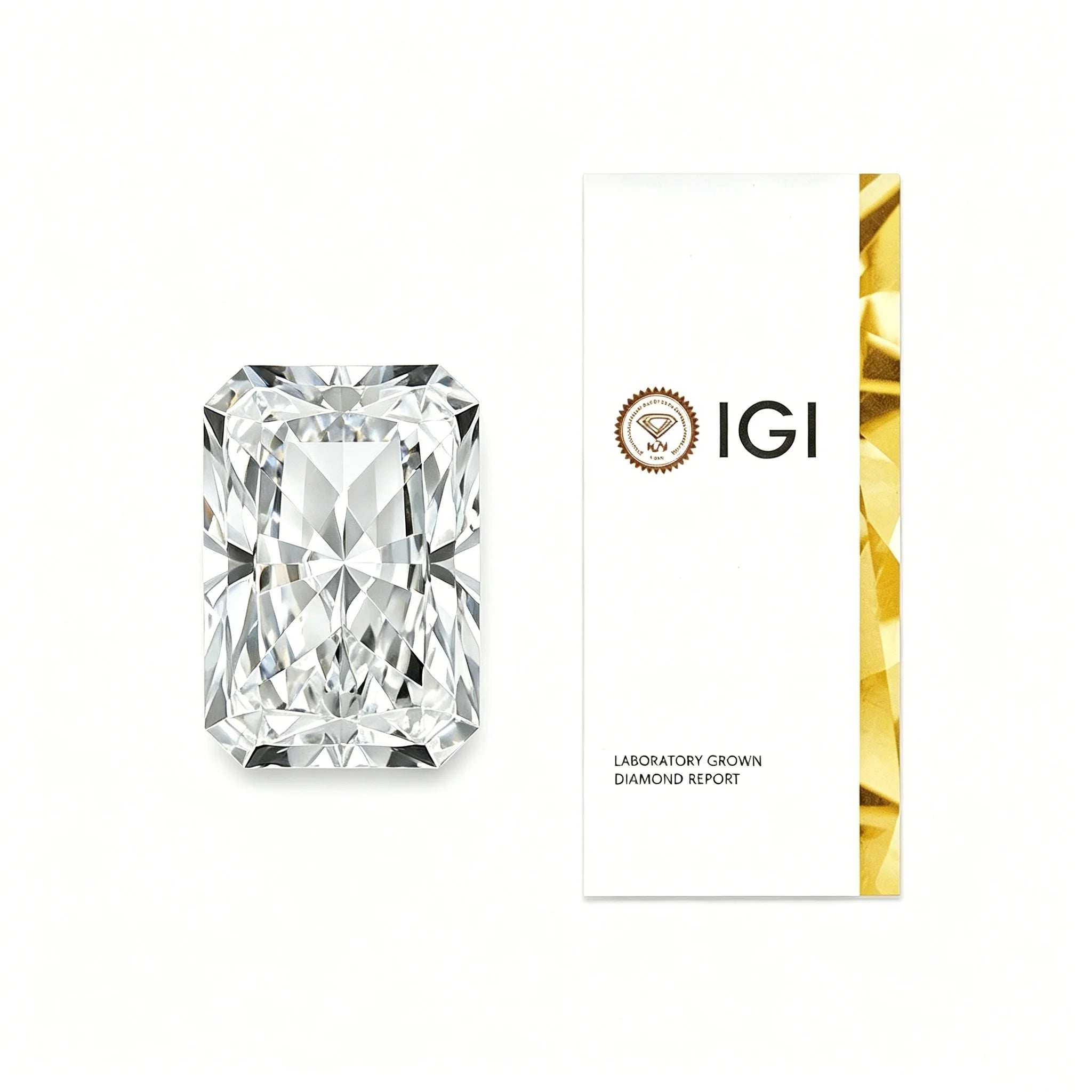 Radiant-cut lab-grown diamond with IGI laboratory report card
