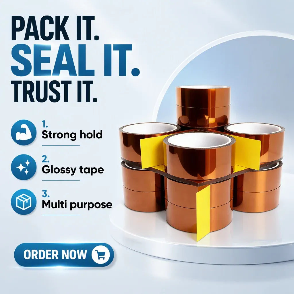Assorted rolls of copper-brown tape with yellow strips, stacked for display