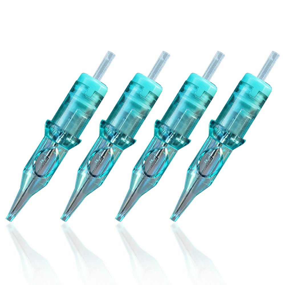 Four transparent teal tattoo needle cartridges with fine tips for professional tattooing.