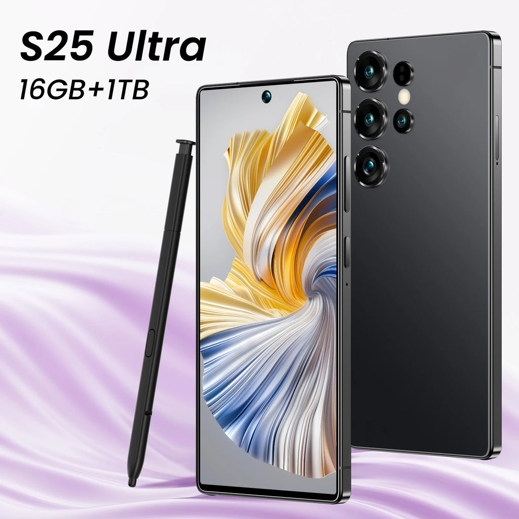 S25 Ultra 5G smartphone with 16GB RAM, 1TB storage, 108MP camera, and HD display, view from gallery angle seven.