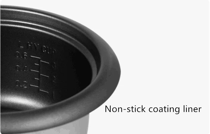 Mini electric rice cooker steamer insert with perforated bottom, inside the pot