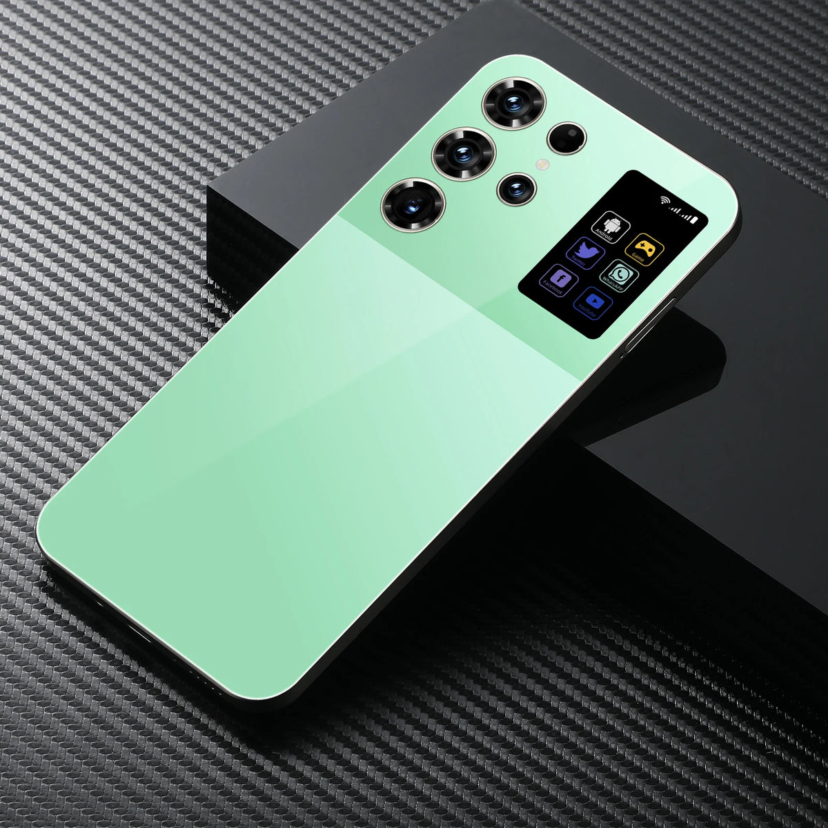 S26 Ultra smartphone back in light green with quad camera array and label window