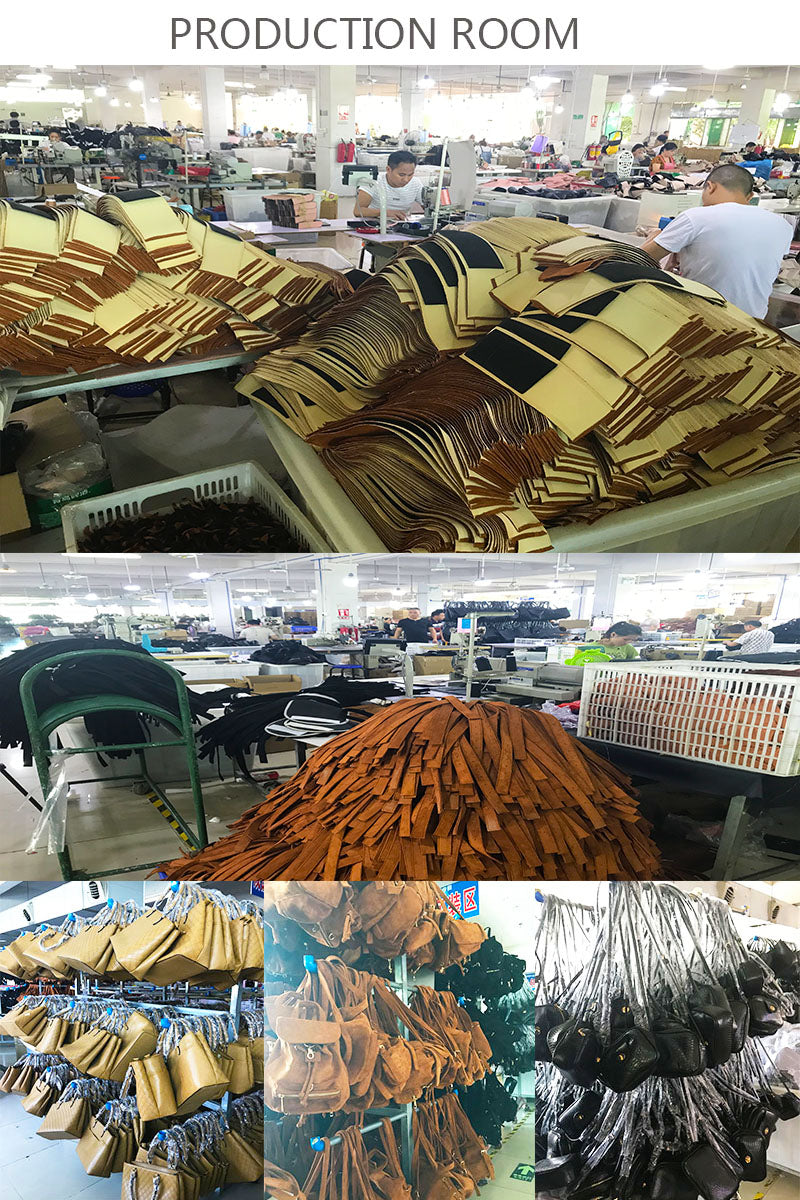 Production floor showing brown and black PU leather materials and finished designer handbags for women.