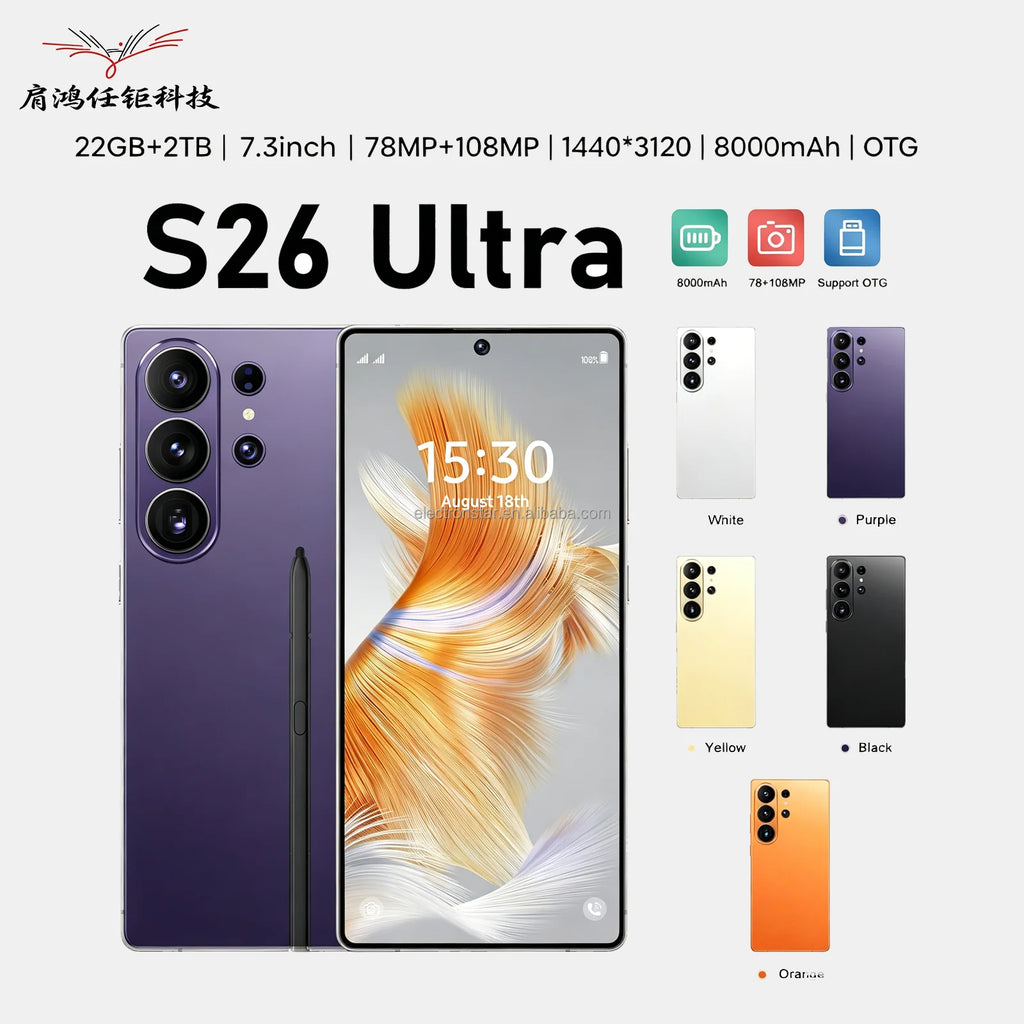 S26 Ultra 2026 Latest Phone 22G+2TB 7.3INCH Smartphone 144Hz Display  MTK  Snapdragon8gen4 10core Global GSM LED Built-in Pen