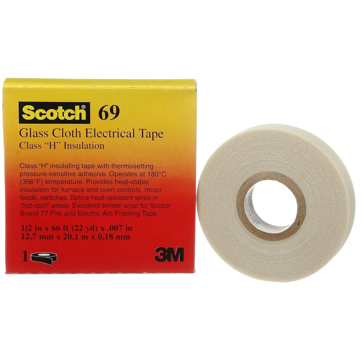 Glass cloth electrical tape roll with cream backing, in product box