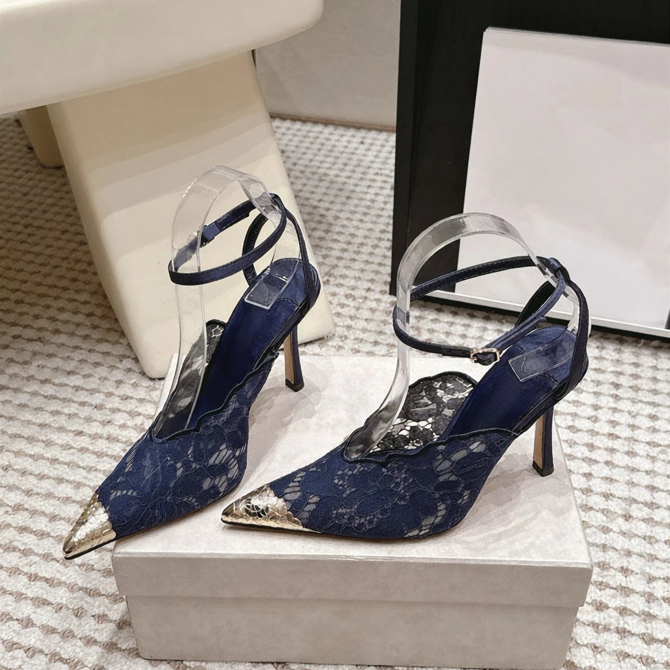 High-quality Designer Style Lace-up Pointed Toe Open-heeled 10cm Stiletto Heels Women's Ankle-length Strappy Elegant Heels