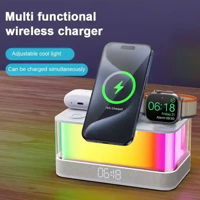 6-in-1 Wireless Charging Alarm Clock with RGB Light - White Tidesmit