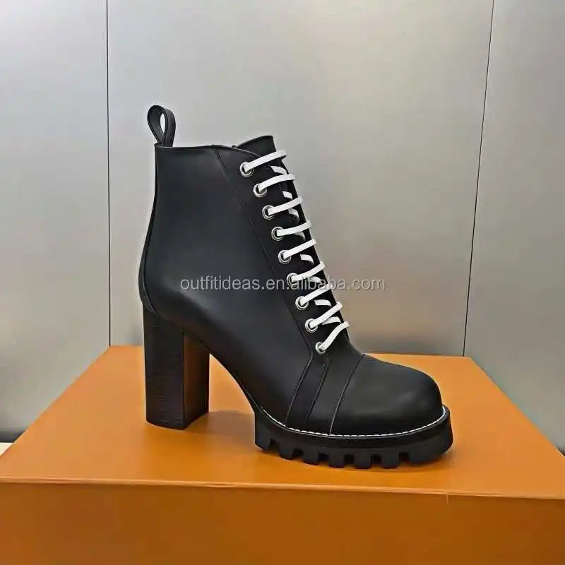Original Sole Genuine Leather Patent Monogram Platform 3.1 Inch High Heel Calfskin Women Leather Laces Star Trail Ankle Boot