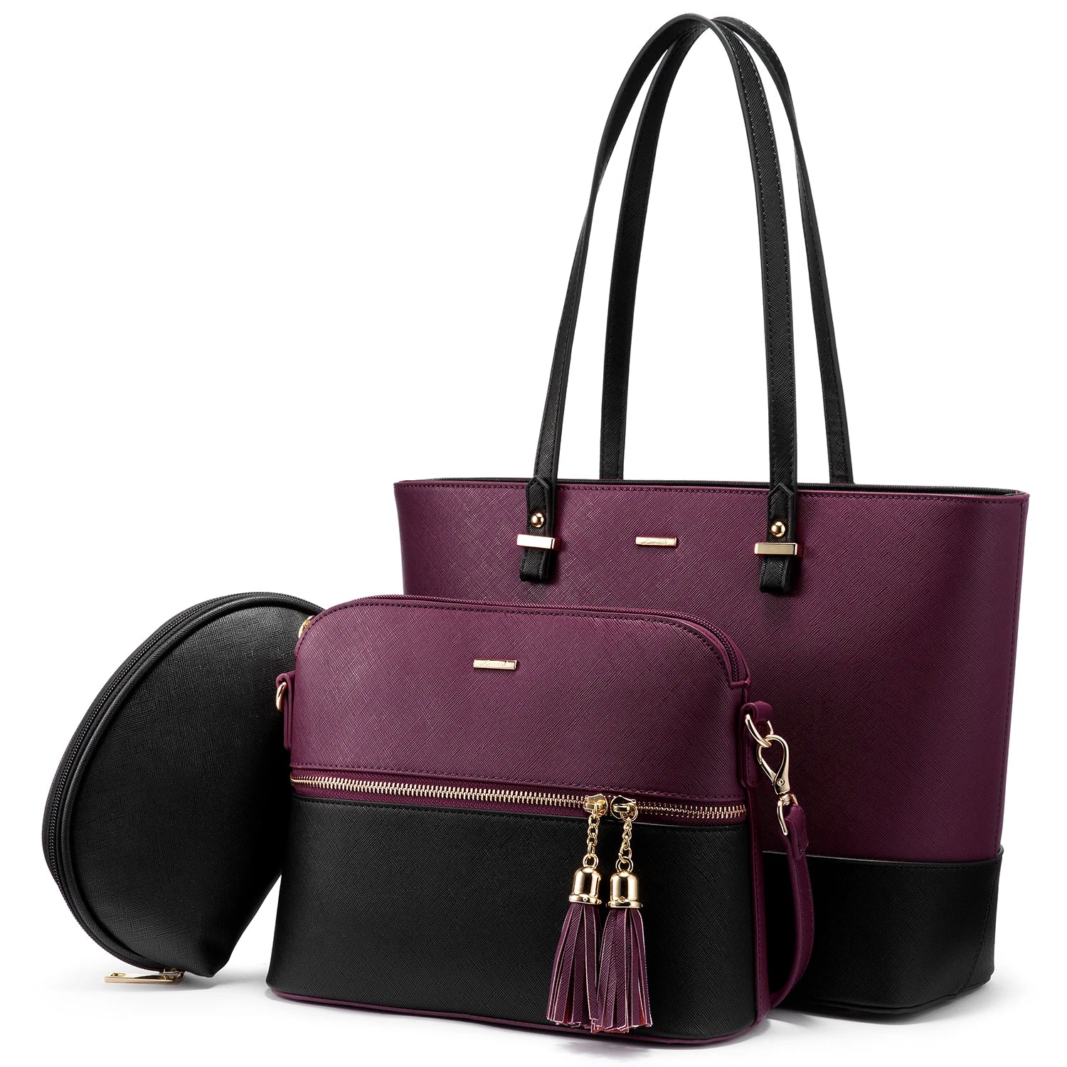 LOVEVOOK 3-piece designer handbag set in purple and black PU leather, featuring gold hardware and a tassel crossbody.