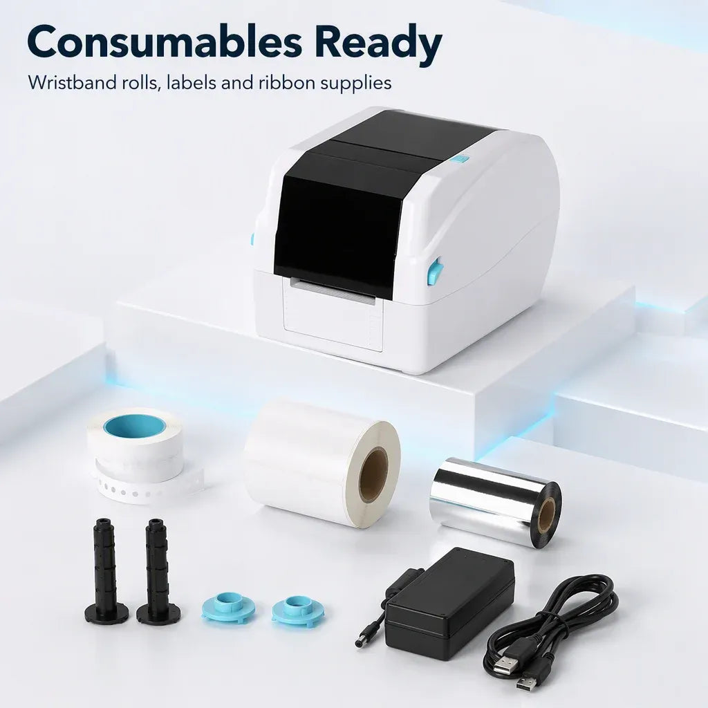 White desktop printer with wristband rolls, label rolls, and power supply unit