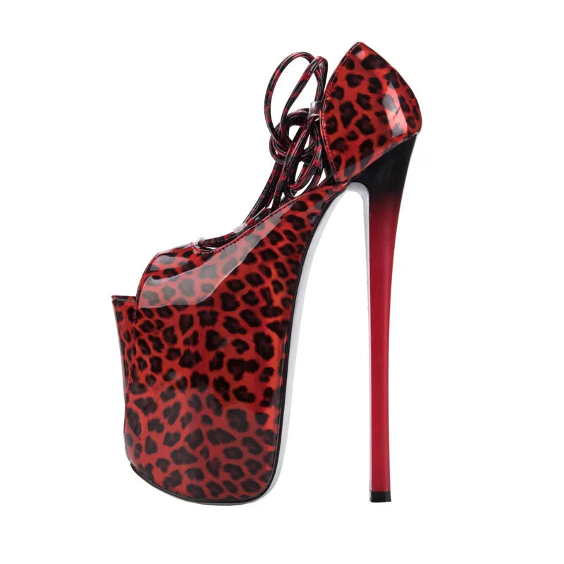Sexy Lovers Summer PU Leopard Ankle Strap Lace-Up Open Toe Super High Thin Heels Women's Pumps with Cushioning