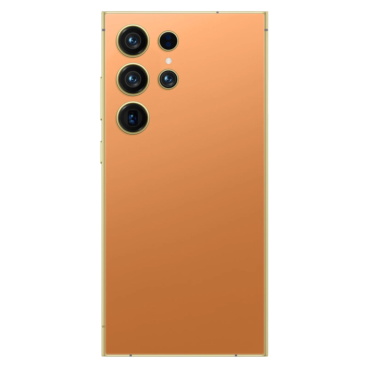 Orange titanium smartphone back with quad rear camera lenses.