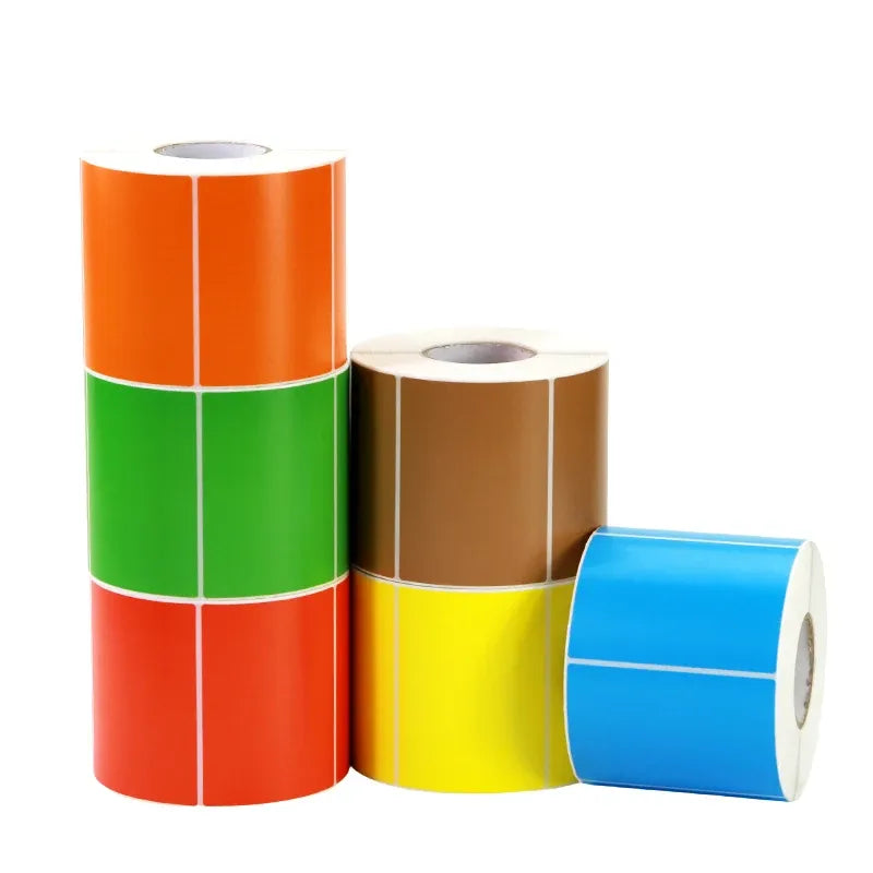 Roll of multicolor barcode labels: orange, green, red, yellow, blue, brown.
