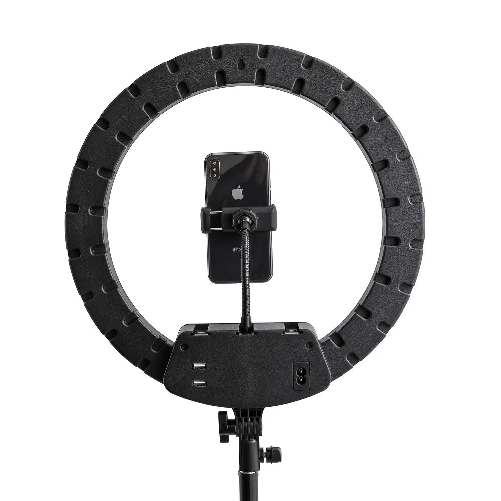 Black circular ring light with a smartphone mount, USB charging ports, and an adjustable stand for content creation.