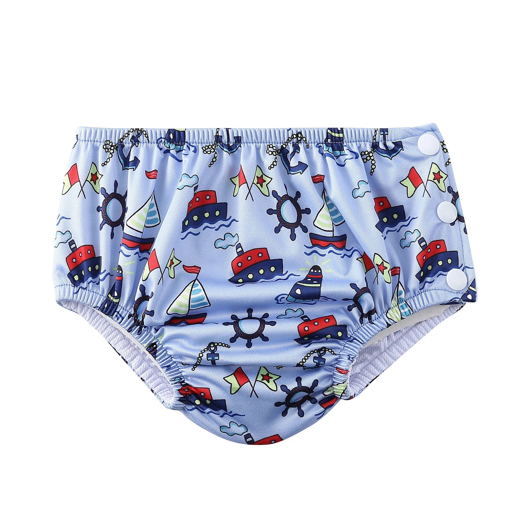 Reusable baby swim diaper in light blue with nautical ship and sailboat pattern, featuring side snap closures.
