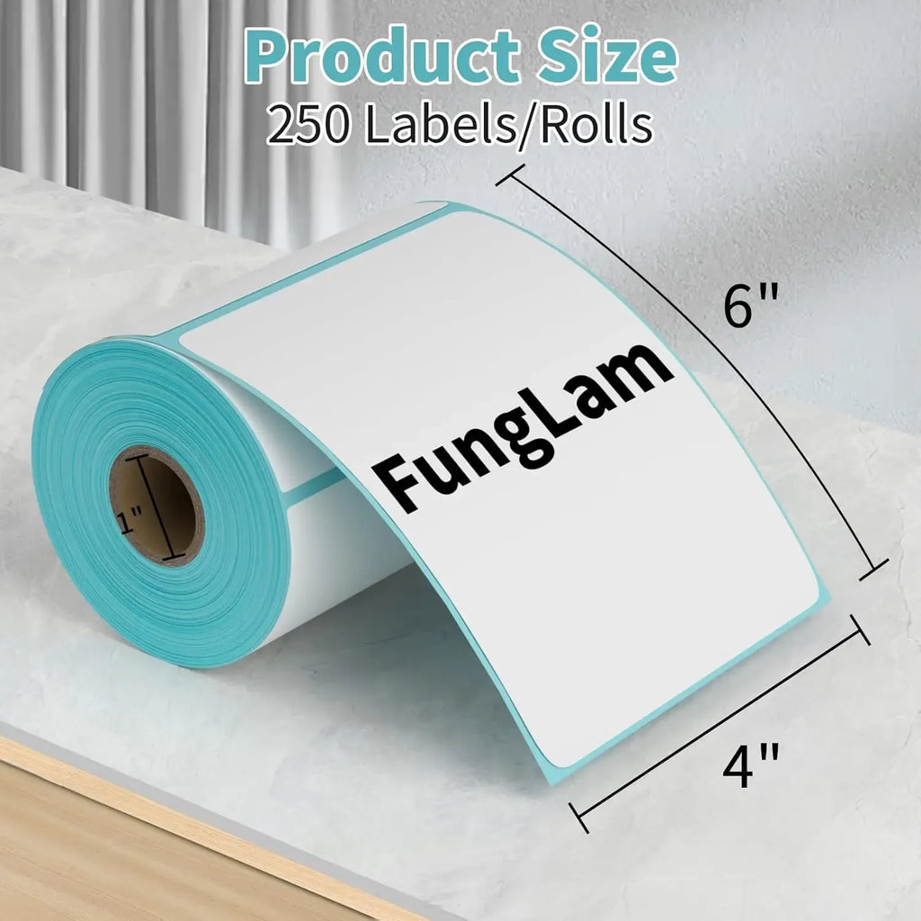 Sky blue label roll with a white blank shipping label sheet and size markings