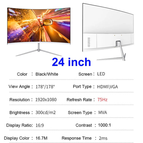 White curved LED computer monitor with thin bezels and stand
