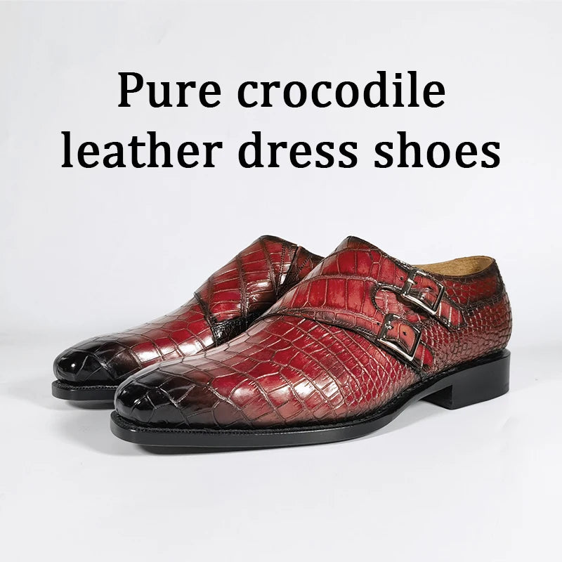 Goodyear Shoes for Man Styles Monk Strap Men High Quality Dress Shoes Green Luxury Genuine Crocodile Leather Office Men's Shoes