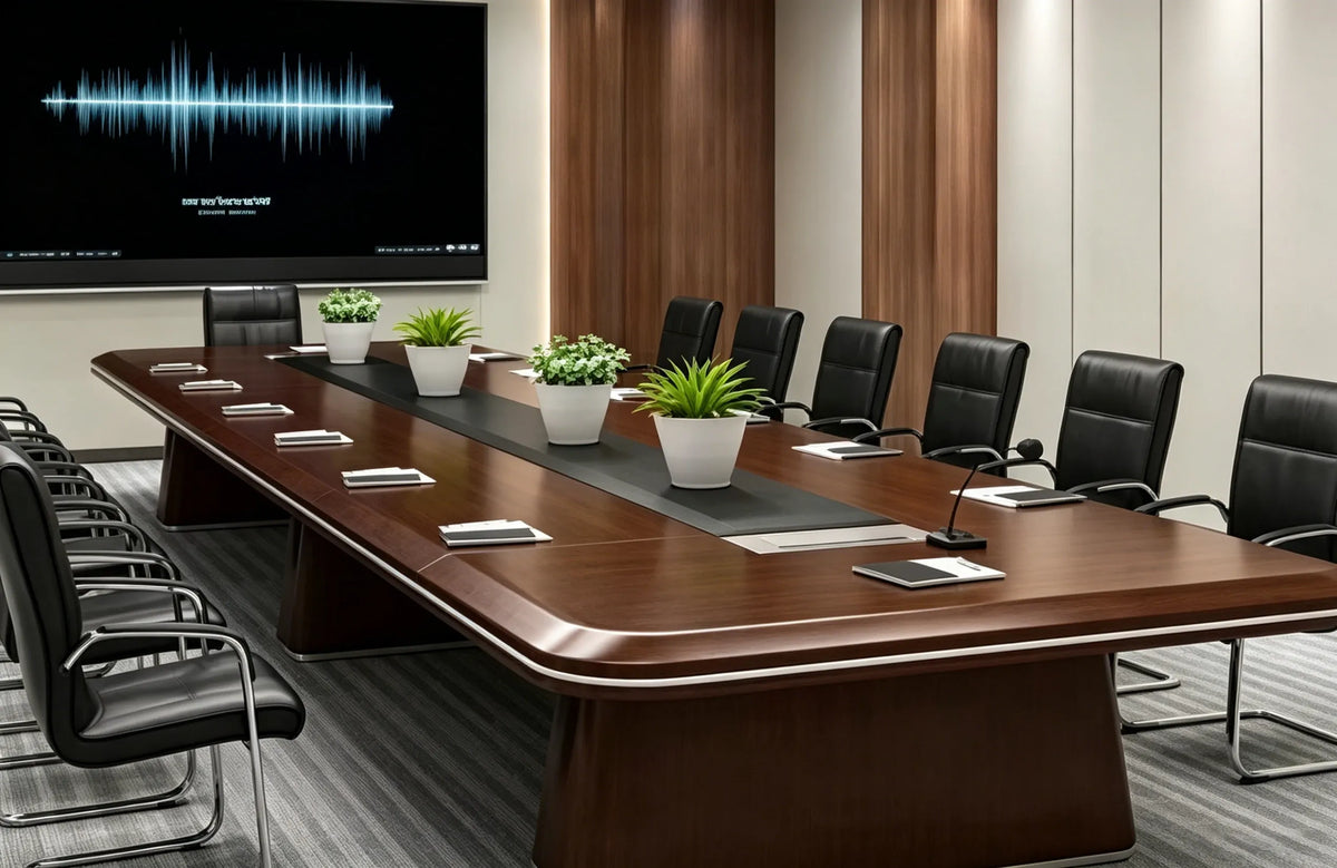 Modern conference room with long table, chairs, and laptop stations