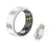 Silver smart ring and its charging dock, designed for health and activity tracking.