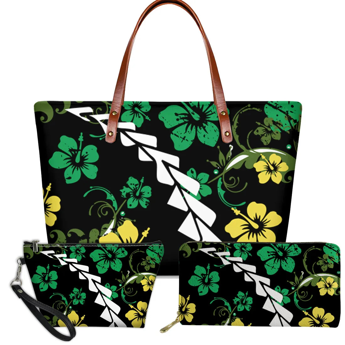 3pc handbag set, black with green and yellow Polynesian floral tribal print and white geometric trunk accents.