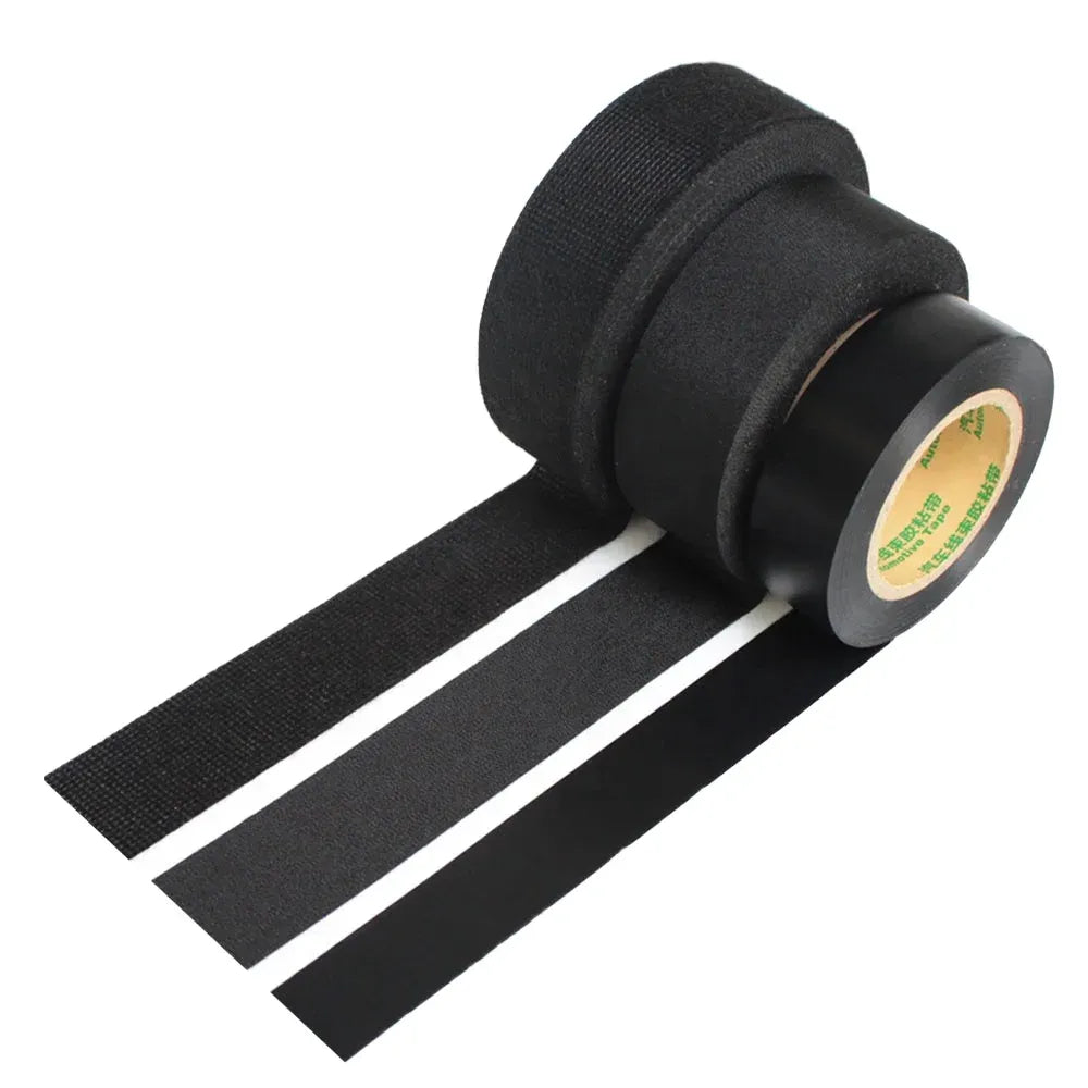 Black self-adhesive wire harness tape roll with two adhesive strips visible