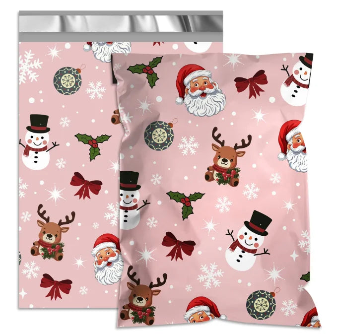 Light pink Christmas poly mailer with snowmen, Santa, snowflakes and ornaments pattern