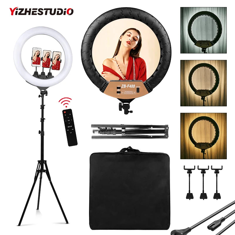 18-inch LED ring light with tripod stand, three phone holders, remote control, and carrying case for photography.