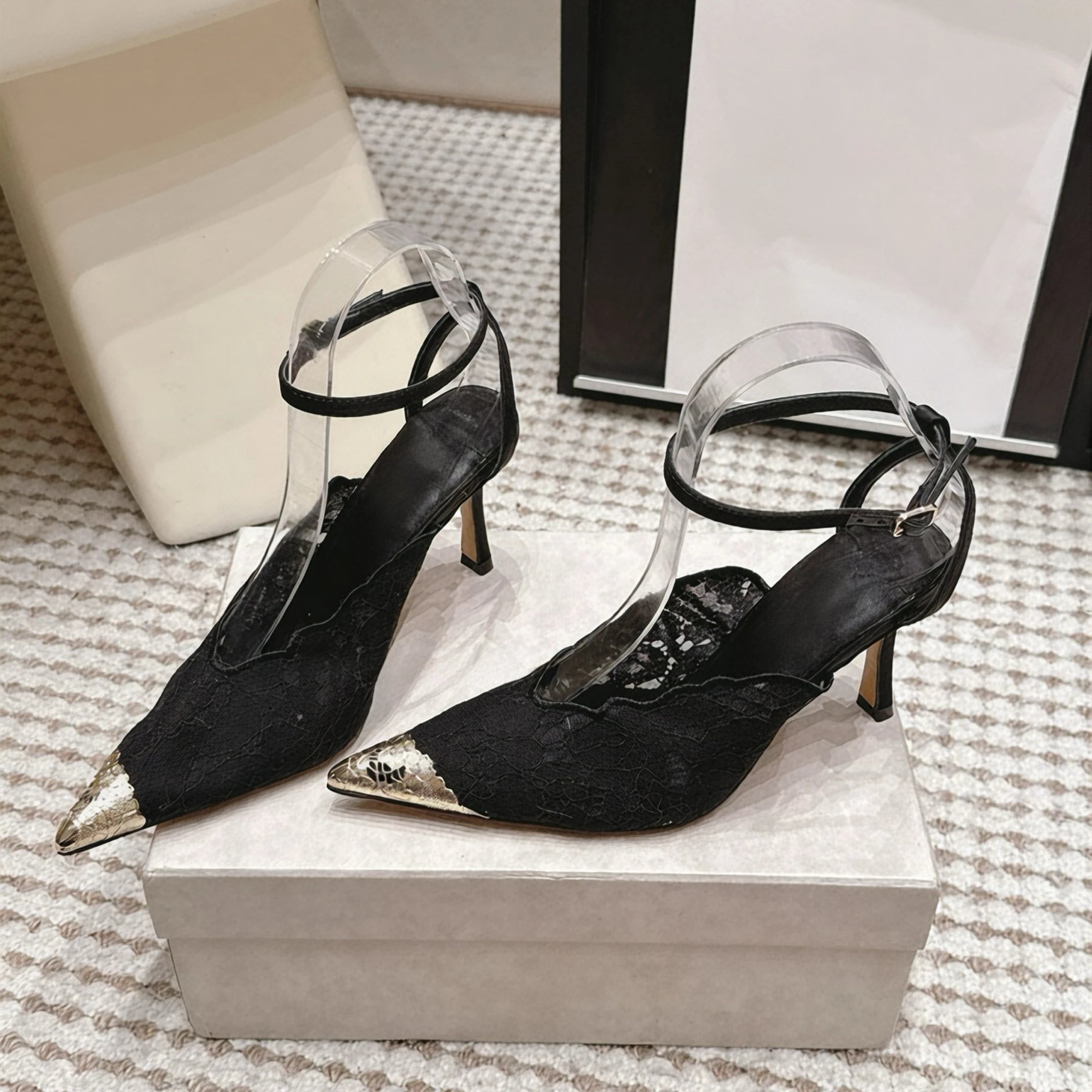 High-quality Designer Style Lace-up Pointed Toe Open-heeled 10cm Stiletto Heels Women's Ankle-length Strappy Elegant Heels