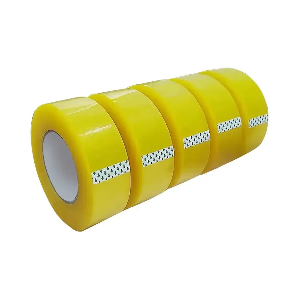 Yellow packaging tape roll on a cardboard tube, glossy tape with core opening