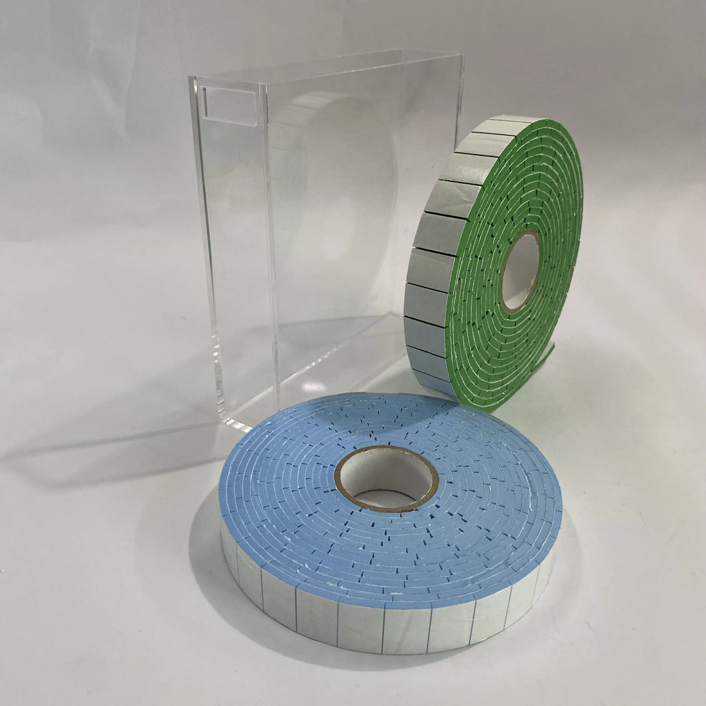 Blue EVA foam tape roll on clear stand with self-adhesive rectangular strips