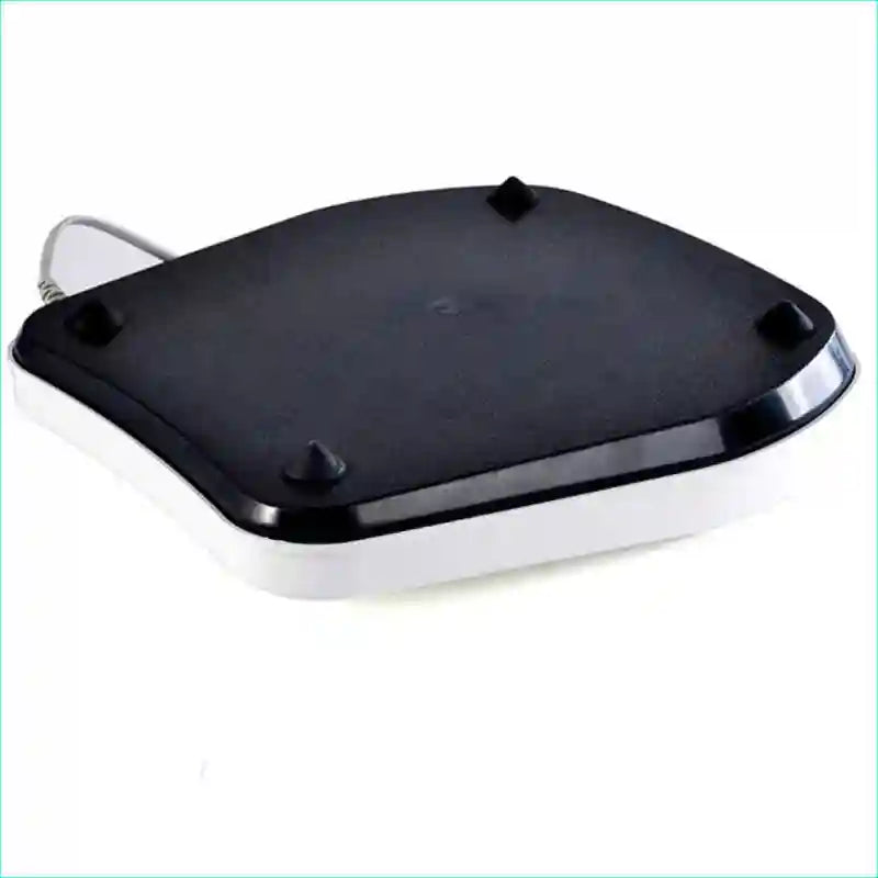 Electric vibrating foot massager with infrared heating, black and white design, for circulation and physiotherapy.