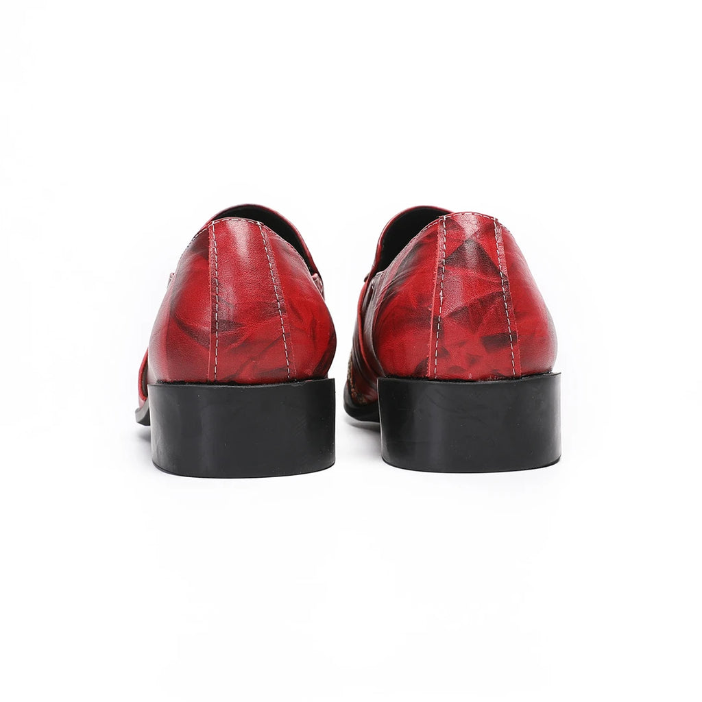 Back view of luxury red marble-print leather loafers with black block heels and metallic hardware details.