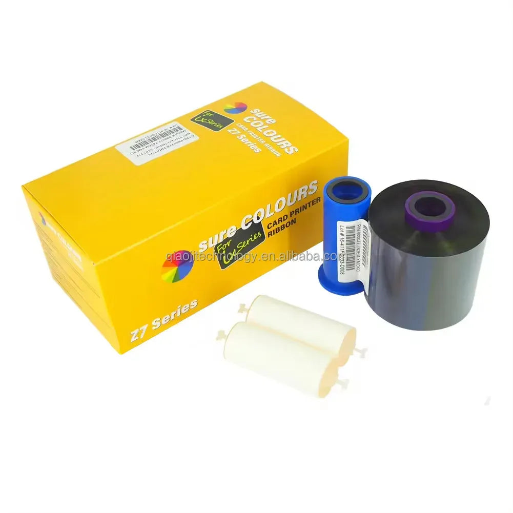Color ribbon set with yellow box, black reel with purple center, and white roller