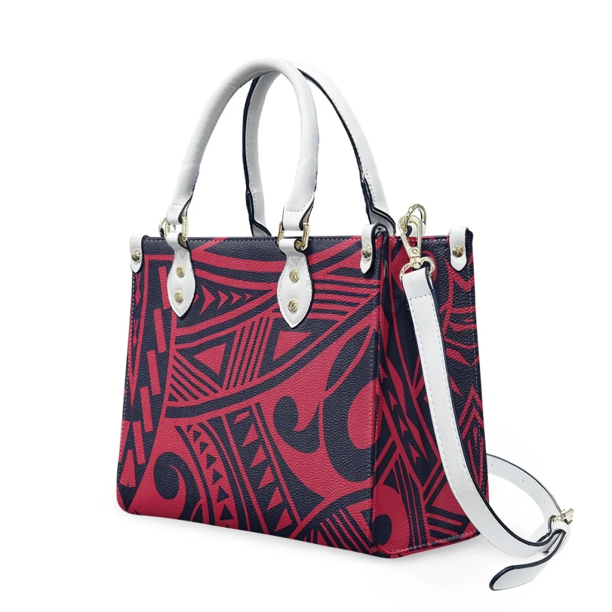 Red and black Polynesian tribal print leather handbag with white handles, detachable shoulder strap, and gold hardware.