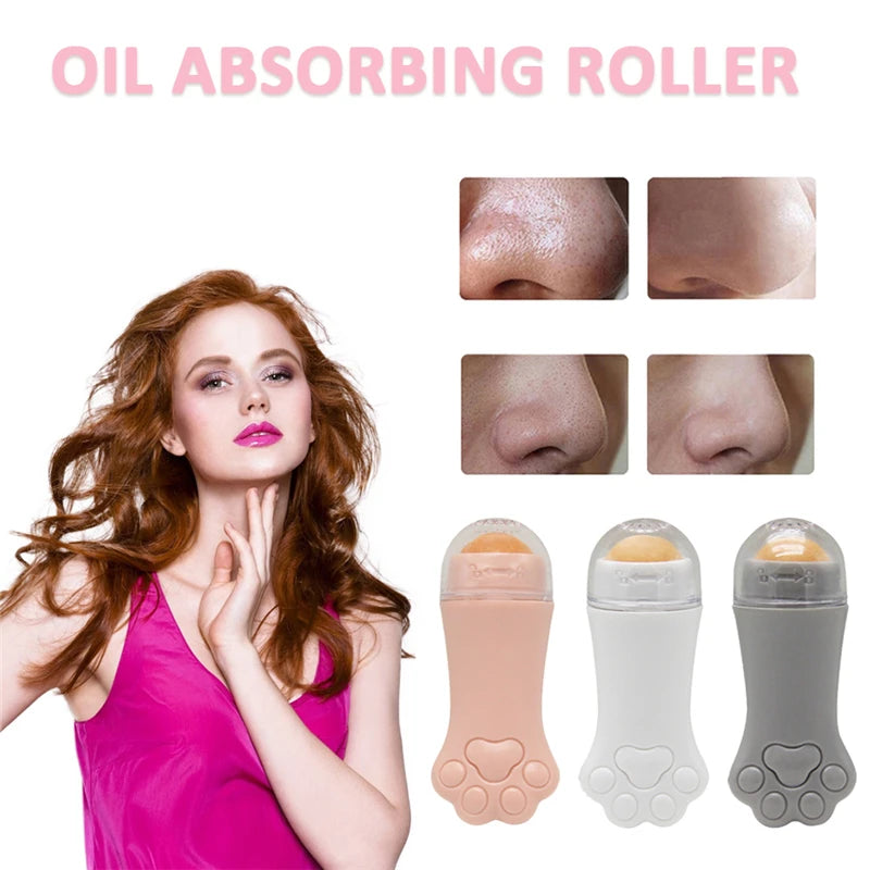 Three cat-paw shaped oil-absorbing rollers with volcanic stones, in pink, white, and gray, next to a model's face.