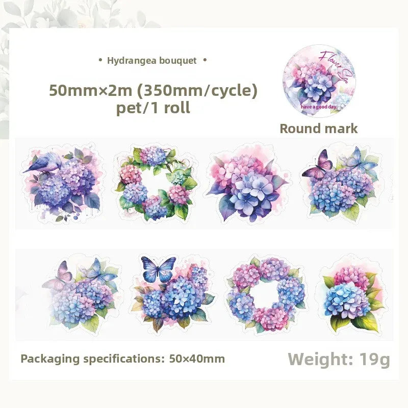 Waterproof PET masking tape roll with hydrangea bouquet round flower stickers, 50mmx2m